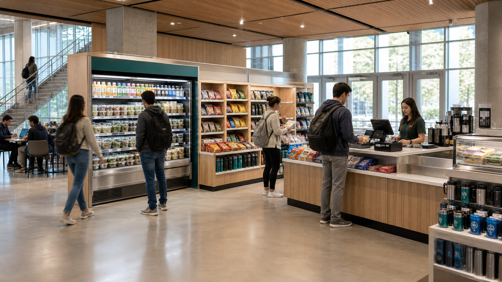 A modern college-union convenience retail and grab-and-go area.