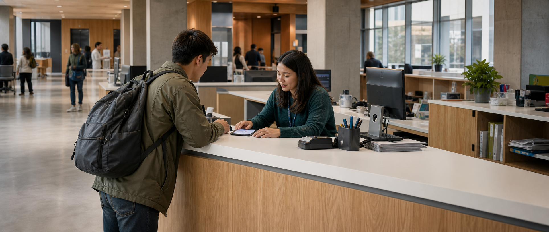 A staff member helping a student at a college-union service desk.