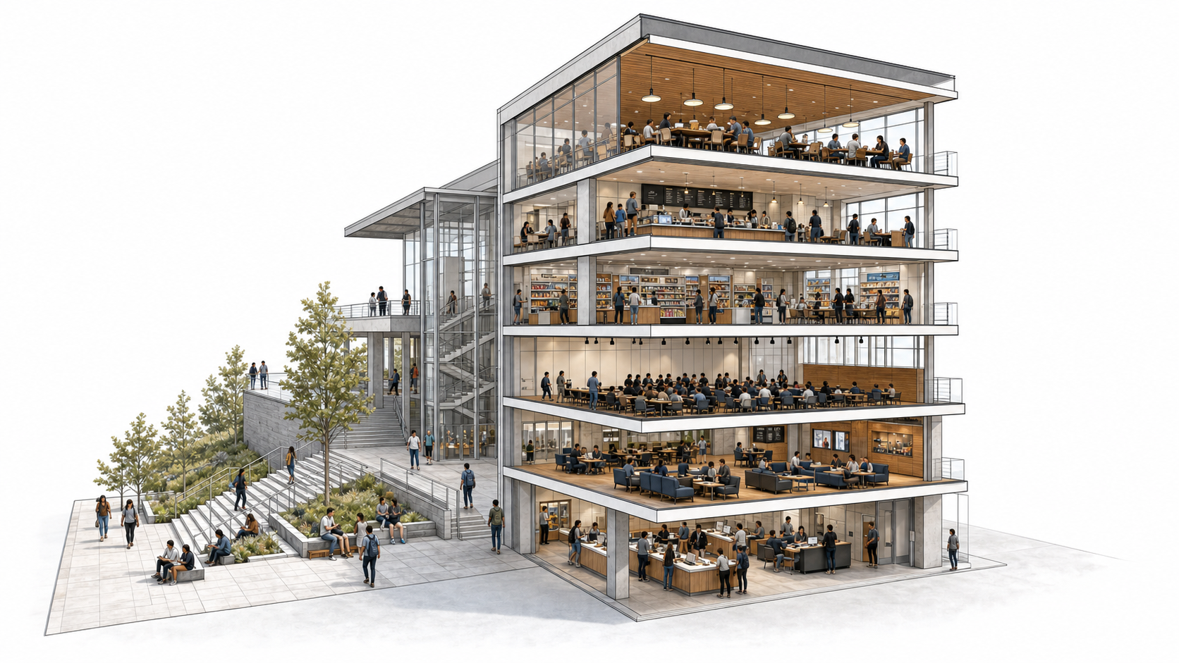 Illustrative architectural cutaway of a contemporary college union with dining, café, convenience retail, event, lounge, and service areas.